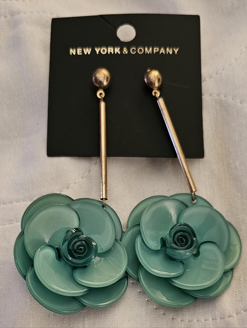 2/$8-New York & Company Teal Floral Drop Earrings with Gold-Tone Bars - Picture 1 of 2